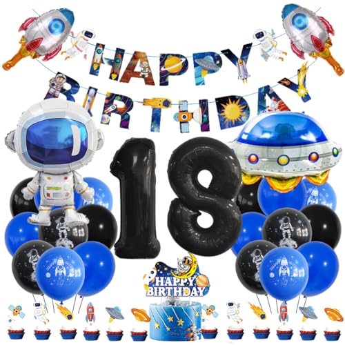 Guoguonb 18 Jahre Weltraum Geburtstag Deko Schwarz 18. Geburtstag Astronauten Raketen Zahlenballon 18 Folienballon Bedruckte Ballons Banner Tortendekoration für Kindergeburtstag Partyset Dekoration von Guoguonb