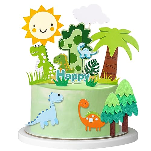 Guoguonb 1th Happy Birthday Dinosaurier Tortendeko 1 Jahre Grüner Dschungel Kuchendeko Thema Dinosaurier Cake Topper für Kinder Party Geburtstag Deko Muffin Backen Kuchenaufsätze von Guoguonb