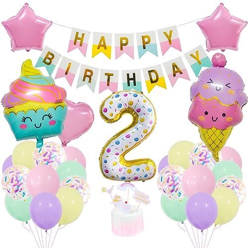 Guoguonb 2 Jahre EiscremeGeburtstag Deko Zahlenballon 2 Folienballon Bunte Luftballons Coole Sommer-Themen Themen Cupcake Tortendekoration Happy Birthday Banner für Kinder Mädchen Geburtstag Party von Guoguonb