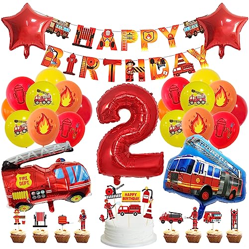 Guoguonb 2 Jahre Feuerwehrauto Geburtstag Party Dekoration Happy Birthday Banner Feuerwehr Bedruckte Ballons Feuerwehr Tortendekoration für Kindergeburtstag 2.Geburtstag Party Dekoration von Guoguonb