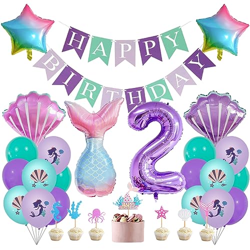 Guoguonb 2 Jahre Meerjungfrau Geburtstag Deko Happy Birthday Banner Zahlenballon 2 Folienballon Bedruckte Ballons Serie Meeresleben Tortendekoration für Kindergeburtstag Nixen Partyset Dekoration von Guoguonb