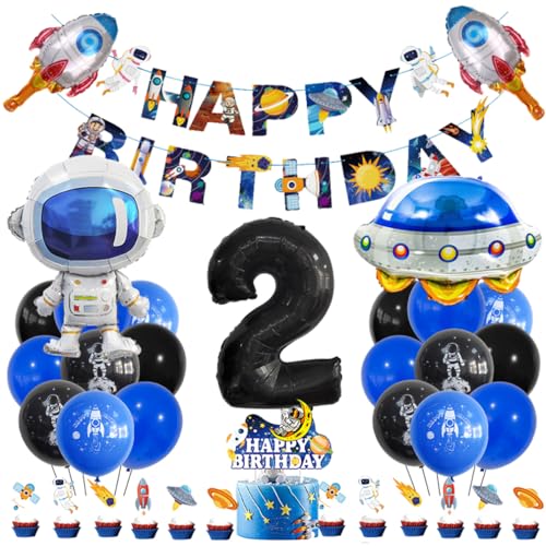 Guoguonb 2 Jahre Weltraum Geburtstag Deko Schwarz 2. Geburtstag Astronauten Raketen Zahlenballon 2 Folienballon Bedruckte Ballons Banner Tortendekoration für Kindergeburtstag Partyset Dekoration von Guoguonb