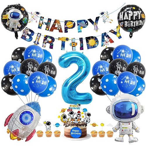 Guoguonb 2. Geburtstag Weltraum Party Deko Astronauten Raketen Folienballon Luftballons Space theme Cupcake Topper Tortendekoration Happy Birthday Banner für 2 Jahre Jungen Birthday Decorations von Guoguonb