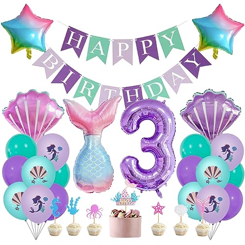 Guoguonb 3 Jahre Meerjungfrau Geburtstag Deko Happy Birthday Banner Zahlenballon 3 Folienballon Bedruckte Ballons Serie Meeresleben Tortendekoration für Kindergeburtstag Nixen Partyset Dekoration von Guoguonb