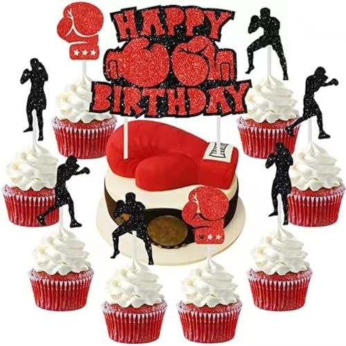 Guoguonb 3 Sätze Boxen Tortendekorationen Happy Birthday Cake Topper Boxer Handschuhe Cupcake für Sport Themen Kindergeburtstag Party Dekoration von Guoguonb