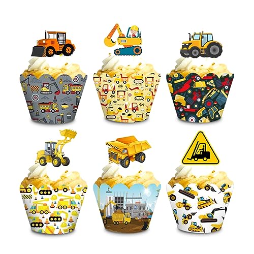 Guoguonb 48-teiliges Baufahrzeuge Cupcake Toppers und Wrapper Traktoren Bagger Dekorationen Architektonische Thema Kuchen Dekoration für Kinder Party Geburtstag Deko Jungen Mädchen von Guoguonb