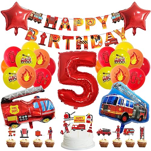 Guoguonb 5 Jahre Feuerwehrauto Geburtstag Party Dekoration Happy Birthday Banner Feuerwehr Bedruckte Ballons Feuerwehr Tortendekoration für Kindergeburtstag 5.Geburtstag Party Dekoration von Guoguonb