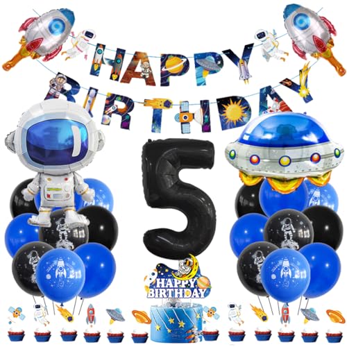 Guoguonb 5 Jahre Weltraum Geburtstag Deko Schwarz 5. Geburtstag Astronauten Raketen Zahlenballon 5 Folienballon Bedruckte Ballons Banner Tortendekoration für Kindergeburtstag Partyset Dekoration von Guoguonb