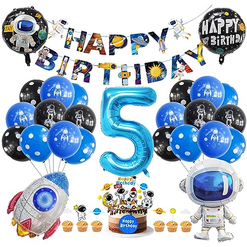 Guoguonb 5. Geburtstag Weltraum Party Deko Astronauten Raketen Folienballon Luftballons Space theme Cupcake Topper Tortendekoration Happy Birthday Banner für 5 Jahre Jungen Birthday Decorations von Guoguonb