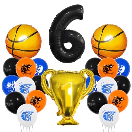 Guoguonb 6 Jahre Basketball Geburtstag Deko Schwarz 6. Geburtstag Trophäen Großer Basketball Zahlenballon 6 Folienballon Bedruckte Ballons für 6st Geburtstag Partyset Dekoration von Guoguonb