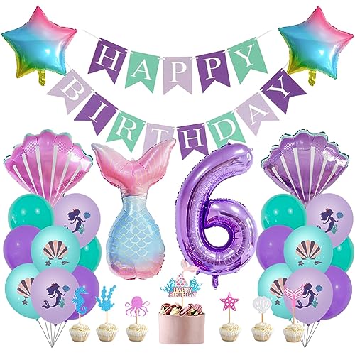 Guoguonb 6 Jahre Meerjungfrau Geburtstag Deko Happy Birthday Banner Zahlenballon 6 Folienballon Bedruckte Ballons Serie Meeresleben Tortendekoration für Kindergeburtstag Nixen Partyset Dekoration von Guoguonb