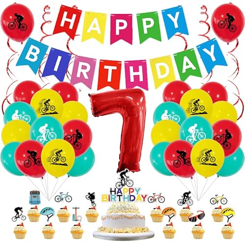 Guoguonb 7 Jahre Fahrrad Deko Zahlenballon 7 Folienballon Fahrrad Druck Ballon Fahrt Themen Cupcake Tortendekoration Happy Birthday Banner für Kinder Fahrrad Thema Party Dekorationen von Guoguonb