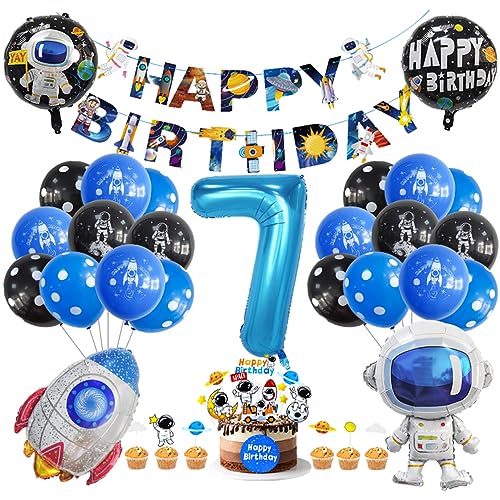 Guoguonb 7. Geburtstag Weltraum Party Deko Astronauten Raketen Folienballon Luftballons Space theme Cupcake Topper Tortendekoration Happy Birthday Banner für 7 Jahre Jungen Birthday Decorations von Guoguonb