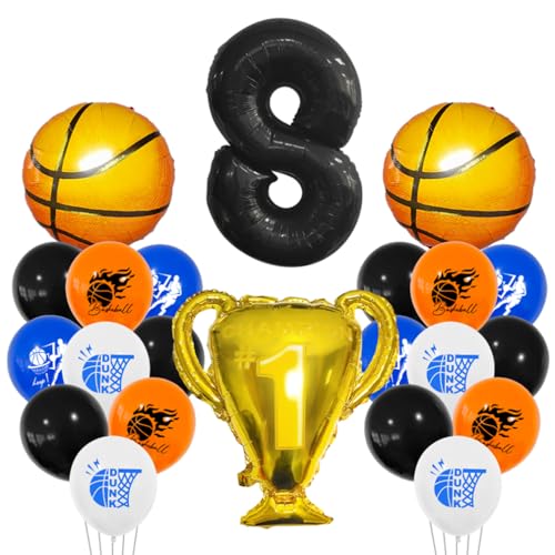 Guoguonb 8 Jahre Basketball Geburtstag Deko Schwarz 8. Geburtstag Trophäen Großer Basketball Zahlenballon 8 Folienballon Bedruckte Ballons für 8st Geburtstag Partyset Dekoration von Guoguonb