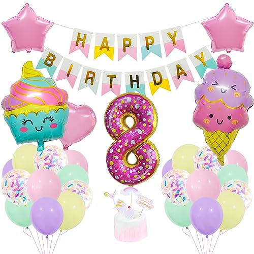 Guoguonb 8 Jahre Eiscreme Geburtstag Deko Zahlenballon 8 Folienballon Bunte Luftballons Coole Sommer-Themen Themen Cupcake Tortendekoration Happy Birthday Banner für Kinder Mädchen Geburtstag Party von Guoguonb