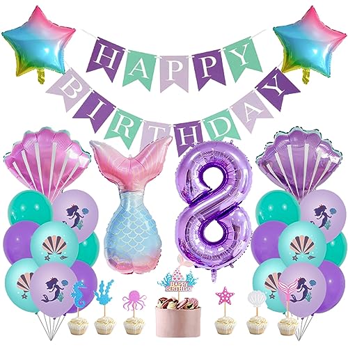 Guoguonb 8 Jahre Meerjungfrau Geburtstag Deko Happy Birthday Banner Zahlenballon 8 Folienballon Bedruckte Ballons Serie Meeresleben Tortendekoration für Kindergeburtstag Nixen Partyset Dekoration von Guoguonb