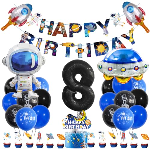 Guoguonb 8 Jahre Weltraum Geburtstag Deko Schwarz 8. Geburtstag Astronauten Raketen Zahlenballon 8 Folienballon Bedruckte Ballons Banner Tortendekoration für Kindergeburtstag Partyset Dekoration von Guoguonb