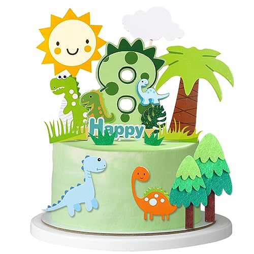 Guoguonb 8th Happy Birthday Dinosaurier Tortendeko 8 Jahre Grüner Dschungel Kuchendeko Thema Dinosaurier Cake Topper für Kinder Party Geburtstag Deko Muffin Backen Kuchenaufsätze von Guoguonb