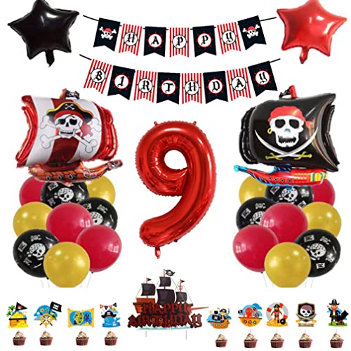 Guoguonb 9 Jahr Pirate Thematische Dekoration Set Happy Birthday Banner Großes Zahlen 9 FolienBallon Luftballon Tortendeko für Pirate Thema Kindergeburtstag Halloween Party von Guoguonb