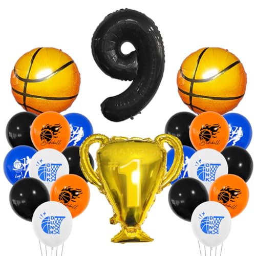 Guoguonb 9 Jahre Basketball Geburtstag Deko Schwarz 9. Geburtstag Trophäen Großer Basketball Zahlenballon 9 Folienballon Bedruckte Ballons für 9st Geburtstag Partyset Dekoration von Guoguonb