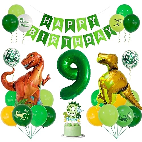 Guoguonb 9 Jahre Dino Geburtstag Deko Zahlenballon 9 Folienballon Luftballons Dinosaurier Themen Cupcake Tortendekoration Happy Birthday Banner für Kindergeburtstag Dinosaurier Partyset Dekoration von Guoguonb