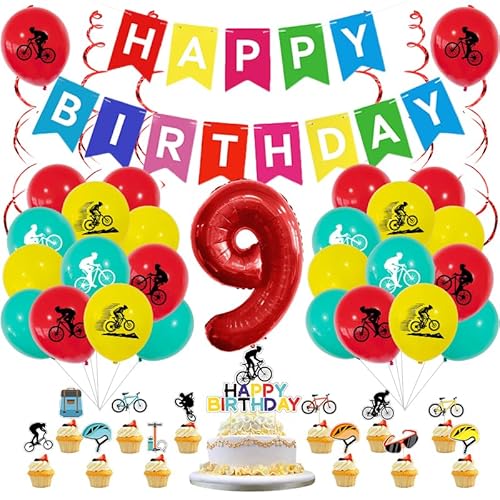 Guoguonb 9 Jahre Fahrrad Deko Zahlenballon 9 Folienballon Fahrrad Druck Ballon Fahrt Themen Cupcake Tortendekoration Happy Birthday Banner für Kinder Fahrrad Thema Party Dekorationen von Guoguonb