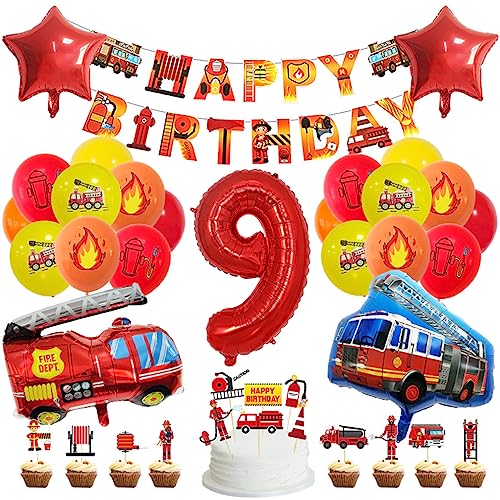 Guoguonb 9 Jahre Feuerwehrauto Geburtstag Party Dekoration Happy Birthday Banner Feuerwehr Bedruckte Ballons Feuerwehr Tortendekoration für Kindergeburtstag 9.Geburtstag Party Dekoration von Guoguonb