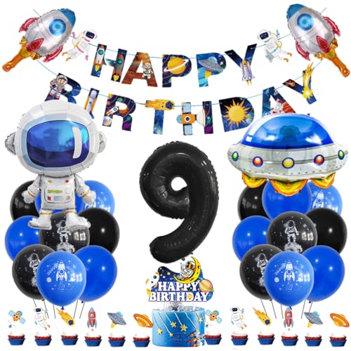 Guoguonb 9 Jahre Weltraum Geburtstag Deko Schwarz 9. Geburtstag Astronauten Raketen Zahlenballon 9 Folienballon Bedruckte Ballons Banner Tortendekoration für Kindergeburtstag Partyset Dekoration von Guoguonb