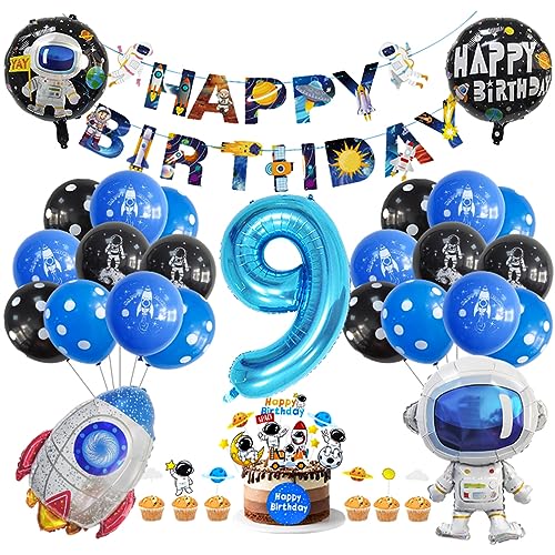 Guoguonb 9. Geburtstag Weltraum Party Deko Astronauten Raketen Folienballon Luftballons Space theme Cupcake Topper Tortendekoration Happy Birthday Banner für 9 Jahre Jungen Birthday Decorations von Guoguonb