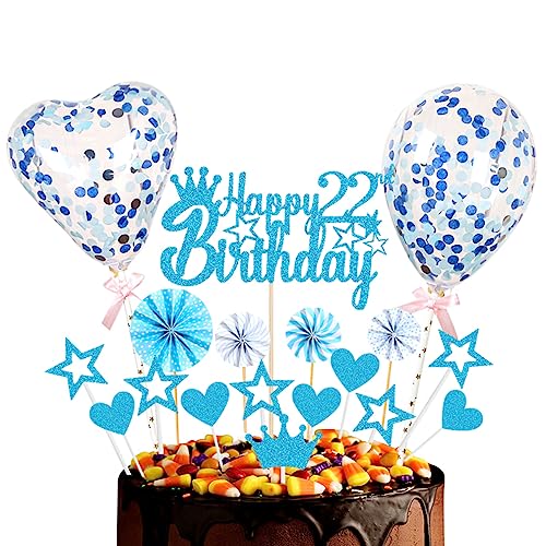 Guoguonb Blau Tortendeko Happy 22th Birthday 22 Jahre Männer Damen Kuchendeko Herz Stern Ballon Glitter Cake Topper für 22. Geburtstag Party Kuchen Deko von Guoguonb