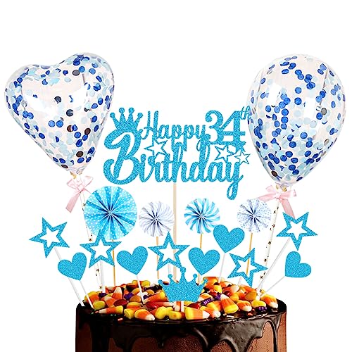 Guoguonb Blau Tortendeko Happy 34th Birthday 34 Jahre Männer Damen Kuchendeko Herz Stern Ballon Glitter Cake Topper für 34. Geburtstag Party Kuchen Deko von Guoguonb