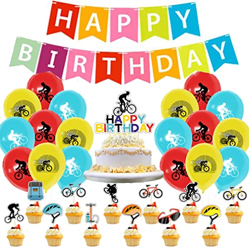 Guoguonb Fahrrad Geburtstag Dekoration Happy Birthday Banner Fahrradfahrer Kuchen Topper Cupcake Picks Luftballons Tortendeko für Fahrrad Thema Party Dekorationen von Guoguonb