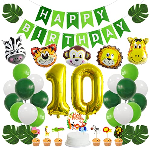 Guoguonb Geburtstag Dekoration Set 10 jahr Kindergeburtstag deko Safari Happy Birthday Banner Dschungel Luftballons Cake Topper für Deko 10. Geburtstag Mädchen Junge Geburtstag deko von Guoguonb