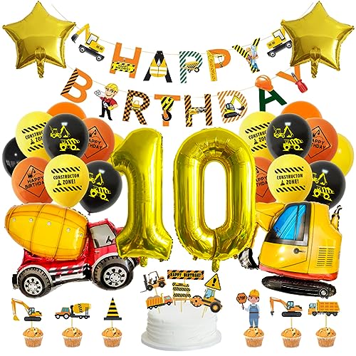 Guoguonb Gelb 10 Jahre Baufahrzeug Geburtstag Deko Happy Birthday Banner Zahlenballon 10 Folienballon Bedruckte Ballons Bagger Tortendekoration für Kindergeburtstag Partyset Dekoration von Guoguonb