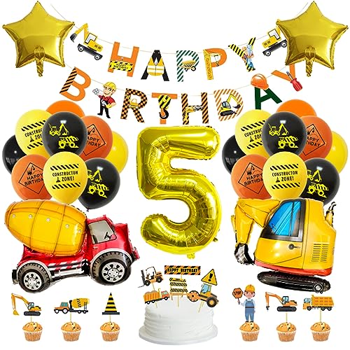 Guoguonb Gelb 5 Jahre Baufahrzeug Geburtstag Deko Happy Birthday Banner Zahlenballon 5 Folienballon Bedruckte Ballons Bagger Tortendekoration für Kindergeburtstag Partyset Dekoration von Guoguonb