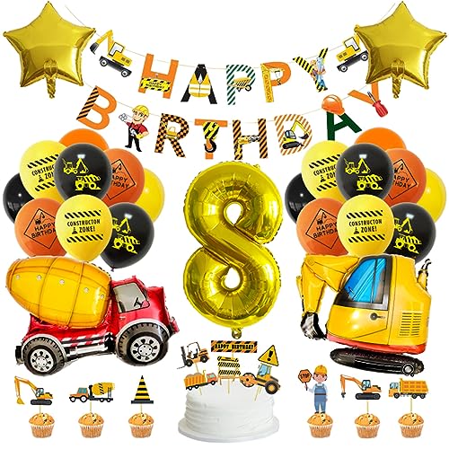 Guoguonb Gelb 8 Jahre Baufahrzeug Geburtstag Deko Happy Birthday Banner Zahlenballon 8 Folienballon Bedruckte Ballons Bagger Tortendekoration für Kindergeburtstag Partyset Dekoration von Guoguonb