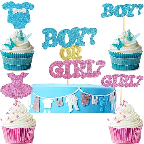 Guoguonb Gender Reveal Party Dekoration 1 Groß Boy or Girl Cake Topper und 12 Stück Boy Or Girl Tortendekoration für Baby Shower Party Hochzeit Ankündigung Einer Schwangerschaft Gender von Guoguonb