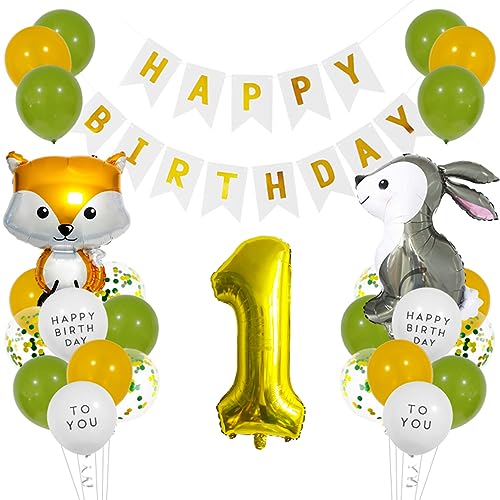 Guoguonb Golden Geburtstag Dekoration Set Happy Birthday Banner Kaninchen Fuchs Folienballons Luftballon Große Zahlen 1 Folienballons für Deko 1. Geburtstag Mädchen Junge Geburtstag deko von Guoguonb