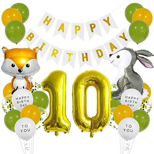 Guoguonb Golden Geburtstag Dekoration Set Happy Birthday Banner Kaninchen Fuchs Folienballons Luftballon Große Zahlen 10 Folienballons für Deko 10. Geburtstag Mädchen Junge Geburtstag deko von Guoguonb