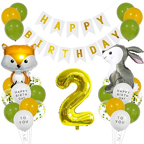 Guoguonb Golden Geburtstag Dekoration Set Happy Birthday Banner Kaninchen Fuchs Folienballons Luftballon Große Zahlen 2 Folienballons für Deko 2. Geburtstag Mädchen Junge Geburtstag deko von Guoguonb