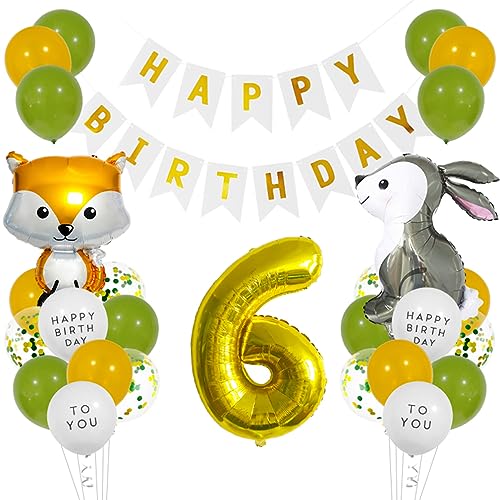 Guoguonb Golden Geburtstag Dekoration Set Happy Birthday Banner Kaninchen Fuchs Folienballons Luftballon Große Zahlen 6 Folienballons für Deko 6. Geburtstag Mädchen Junge Geburtstag deko von Guoguonb