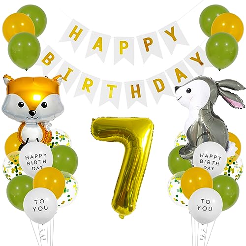 Guoguonb Golden Geburtstag Dekoration Set Happy Birthday Banner Kaninchen Fuchs Folienballons Luftballon Große Zahlen 7 Folienballons für Deko 7. Geburtstag Mädchen Junge Geburtstag deko von Guoguonb