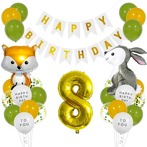 Guoguonb Golden Geburtstag Dekoration Set Happy Birthday Banner Kaninchen Fuchs Folienballons Luftballon Große Zahlen 8 Folienballons für Deko 8. Geburtstag Mädchen Junge Geburtstag deko von Guoguonb