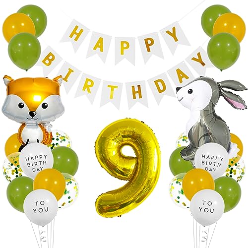 Guoguonb Golden Geburtstag Dekoration Set Happy Birthday Banner Kaninchen Fuchs Folienballons Luftballon Große Zahlen 9 Folienballons für Deko 9. Geburtstag Mädchen Junge Geburtstag deko von Guoguonb