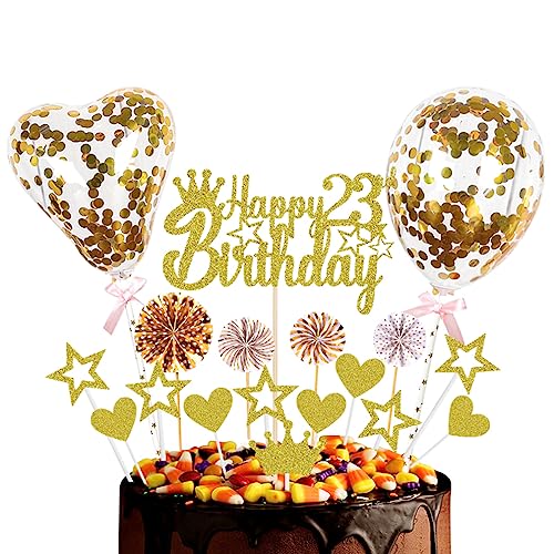 Guoguonb Golden Tortendeko Happy 23th Birthday 23 Jahre Männer Damen Kuchendeko Herz Stern Ballon Glitter Cake Topper für 23. Geburtstag Party Kuchen Deko von Guoguonb