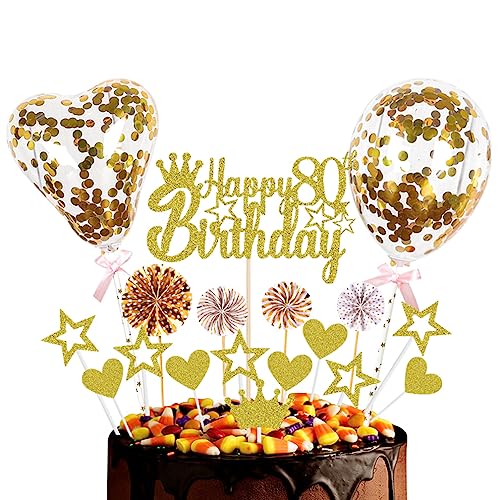 Guoguonb Golden Tortendeko Happy 80th Birthday 80 Jahre Männer Damen Kuchendeko Herz Stern Ballon Glitter Cake Topper für 80. Geburtstag Party Kuchen Deko von Guoguonb