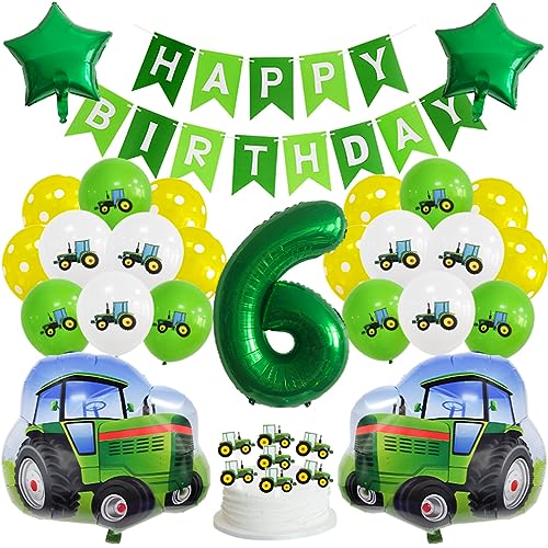 Guoguonb Grün 6 Jahre Traktor Geburtstag Deko Happy Birthday Banner Zahlenballon 6 Folienballon Bedruckte Ballons Traktor Tortendekoration für Kindergeburtstag Partyset Dekoration von Guoguonb