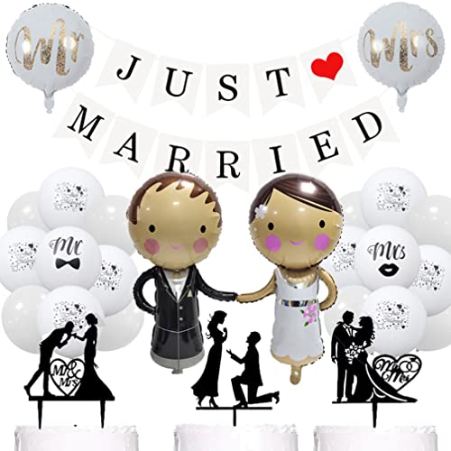 Guoguonb Hochzeitsdek Brautpaar Folienballon Just Married Banner Luftballons Mr und Mrs Tortendekoration Cake Topper für Verlobung Hochzeit Heiratsantrag Standesamt von Guoguonb