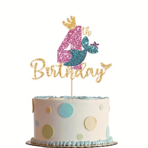 Guoguonb Meerjungfrauen Tortendekorationen 4 Jahr Geburtstag Deko Cake Topper Nixen Happy Birthday Banner für Exquisite Mädchen 4. Geburtstag Dekoration Requisiten für Fotos von Guoguonb