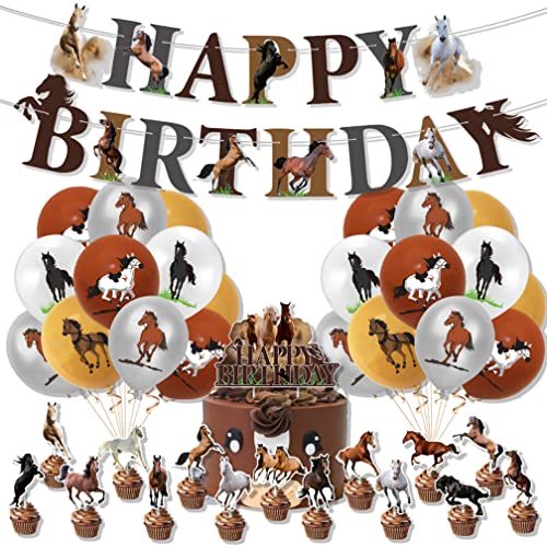 Guoguonb Pferdethema Geburtstag Party Deko Wildpferden Luftballons Pferd Cupcake Topper Happy Birthday Banner für Pferdesport Themen Baby Shower Hochzeit Geburtstag Deko von Guoguonb